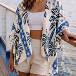 Vintage Tropical Plants & Floral Print Open Front Half Sleeve Cover-up Casual Hollow-out Back Loose Fit Cardigan