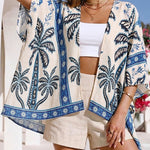 Vintage Tropical Plants & Floral Print Open Front Half Sleeve Cover-up Casual Hollow-out Back Loose Fit Cardigan
