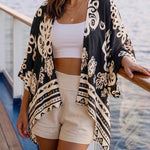 Vintage Baroque Print Open Front Half Sleeve Cover-up Casual Hollow-out Back Loose Fit Cardigan