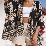 Vintage Baroque Print Open Front Half Sleeve Cover-up Casual Hollow-out Back Loose Fit Cardigan