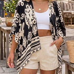 Vintage Baroque Print Open Front Half Sleeve Cover-up Casual Hollow-out Back Loose Fit Cardigan