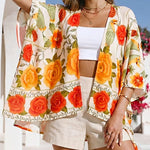 Tropical Floral & Animal Print Open Front Half Sleeve Cover-up Casual Hollow-out Back Loose Fit Cardigan