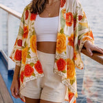 Tropical Floral & Animal Print Open Front Half Sleeve Cover-up Casual Hollow-out Back Loose Fit Cardigan