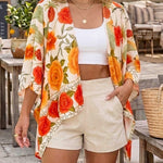 Tropical Floral & Animal Print Open Front Half Sleeve Cover-up Casual Hollow-out Back Loose Fit Cardigan