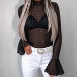 Women's Sheer Mesh Rhinestone Top Long Sleeve Mock Neck Frill Hem Blouse Sparkly Flared Cuff Slim Fitting Clubwear