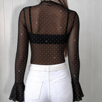 Women's Sheer Mesh Rhinestone Top Long Sleeve Mock Neck Frill Hem Blouse Sparkly Flared Cuff Slim Fitting Clubwear