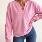 Women's Lace Patchwork Notch Neck Sweatshirt Casual Drop Shoulder Pullover Split Sleeve Top