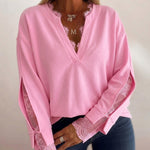 Women's Lace Patchwork Notch Neck Sweatshirt Casual Drop Shoulder Pullover Split Sleeve Top