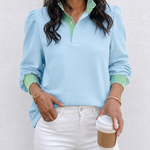Women's Contrast Stripe Patchwork Blouse Frill Hem Stand Collar Puff Lantern Sleeve Shirred Cuff Pullover Shirt