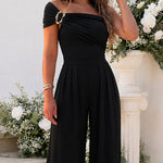 CHICME Women's One Shoulder Gold Buckle Jumpsuit Ruched Waist Wide Leg Romper