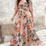 Plants Print V-Neck Half Sleeve Shirred Back Maxi Dress Casual Button Decor Ruched Ruffle Hem Vacation Dress