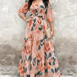 Plants Print V-Neck Half Sleeve Shirred Back Maxi Dress Casual Button Decor Ruched Ruffle Hem Vacation Dress