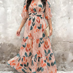 Plants Print V-Neck Half Sleeve Shirred Back Maxi Dress Casual Button Decor Ruched Ruffle Hem Vacation Dress
