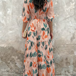 Plants Print V-Neck Half Sleeve Shirred Back Maxi Dress Casual Button Decor Ruched Ruffle Hem Vacation Dress