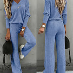 2 Pieces Outfit Button Decor V-Neck Long Sleeve Top and Elastic Waist Straight Leg Pants Set Casual Ribbed Set