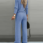 2 Pieces Outfit Button Decor V-Neck Long Sleeve Top and Elastic Waist Straight Leg Pants Set Casual Ribbed Set
