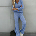 2 Pieces Outfit Button Decor V-Neck Long Sleeve Top and Elastic Waist Straight Leg Pants Set Casual Ribbed Set