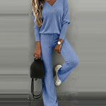 2 Pieces Outfit Button Decor V-Neck Long Sleeve Top and Elastic Waist Straight Leg Pants Set Casual Ribbed Set