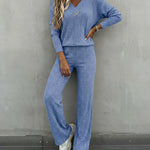 2 Pieces Outfit Button Decor V-Neck Long Sleeve Top and Elastic Waist Straight Leg Pants Set Casual Ribbed Set