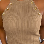 Women's Halter Neck Knit Tank Top Gold Button Cable Knit Vest Sleeveless Slim Fit Ribbed Top