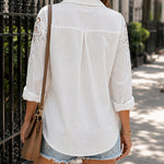 Women's Guipure Lace Patchwork Button Down Shirt Turn-down Collar Blouse Casual Loose Cotton Linen Textured Top