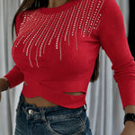 Women's Rhinestone Ribbed Knit Top Crisscross Cutout Waist Crop Tee Long Sleeve Slim Fit Layering Top