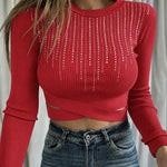 Women's Rhinestone Ribbed Knit Top Crisscross Cutout Waist Crop Tee Long Sleeve Slim Fit Layering Top