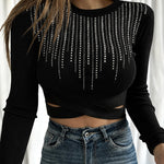 Women's Rhinestone Ribbed Knit Top Crisscross Cutout Waist Crop Tee Long Sleeve Slim Fit Layering Top