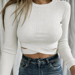Women's Rhinestone Ribbed Knit Top Crisscross Cutout Waist Crop Tee Long Sleeve Slim Fit Layering Top