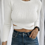 Women's Rhinestone Ribbed Knit Top Crisscross Cutout Waist Crop Tee Long Sleeve Slim Fit Layering Top