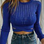 Women's Rhinestone Ribbed Knit Top Crisscross Cutout Waist Crop Tee Long Sleeve Slim Fit Layering Top