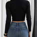 Women's Rhinestone Ribbed Knit Top Crisscross Cutout Waist Crop Tee Long Sleeve Slim Fit Layering Top