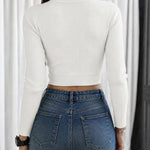 Women's Rhinestone Ribbed Knit Top Crisscross Cutout Waist Crop Tee Long Sleeve Slim Fit Layering Top