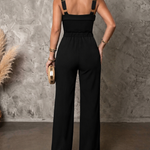 Women's Square Neck Jumpsuit Thick Strap Gold Decor High Waist Straight Leg Overalls with Pockets