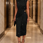 Women's Glitter Sleeveless Shoulder Pad Wrapped Slit Dress Twist Front Ruched Bodycon Evening Gown