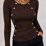 Women's Gold Button Long Sleeve Crewneck Ribbed Knit Slim Fit Top