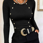 Women's Gold Button Long Sleeve Crewneck Ribbed Knit Slim Fit Top