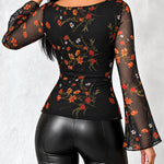 Women's Vintage Floral Mesh Cowl Neck Ruched Side Flare Long Sleeve Top