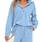 Womens 2 Piece Outfits Lounge Sets Cotton Linen Long Sleeve V-Neck Shirt and Mini Shorts With Pockets - Nadorine (Us Only)