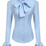 Women Bow Tie Neck Blouses Ruffle Long Sleeve Shirts Button-Down Office Work Casual Tops XS-3XL - Nadorine (Us Only)