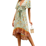 Nadorine Women's Bohemian Floral Tie Front V Neck Midi Dresses