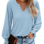 Nadorine Women Casual V Neck T-Shirts Ruffle Long Sleeve Shirt Eyelet Loose Blouses S-XXL