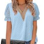 Womens V Neck Puff Short Sleeve Tops Swiss Dots Chiffon Lace Neckline Shirts Blouses - Nadorine (Us Only)