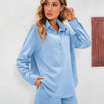 Womens 2 Piece Outfits Lounge Sets Cotton Linen Long Sleeve V-Neck Shirt and Mini Shorts With Pockets - Nadorine (Us Only)