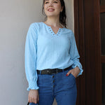 Nadorine Women Casual V Neck T-Shirts Ruffle Long Sleeve Shirt Eyelet Loose Blouses S-XXL