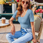 Nadorine Short Sleeve Square Neck Slim Fitted Tops