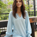 Nadorine Women Casual V Neck T-Shirts Ruffle Long Sleeve Shirt Eyelet Loose Blouses S-XXL