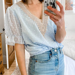Womens V Neck Puff Short Sleeve Tops Swiss Dots Chiffon Lace Neckline Shirts Blouses - Nadorine (Us Only)