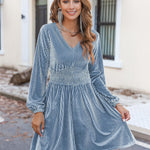 Nadorine Velvet Dress V-Neck Long Sleeve Stretch Mini Dress