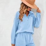 Womens 2 Piece Outfits Lounge Sets Cotton Linen Long Sleeve V-Neck Shirt and Mini Shorts With Pockets - Nadorine (Us Only)
